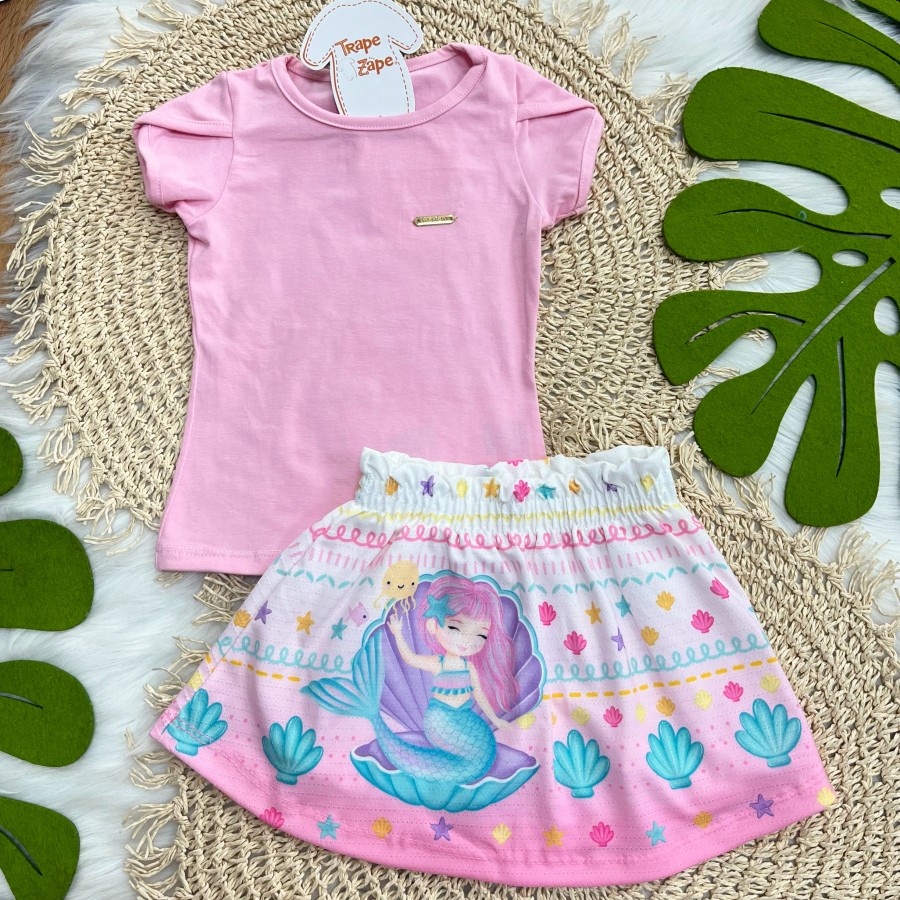 Conj Blusa Rosa e Saia Sereia 